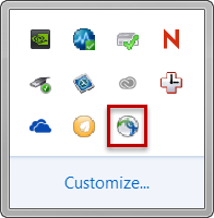 system tray with bottom right item (blue/green circle) selected